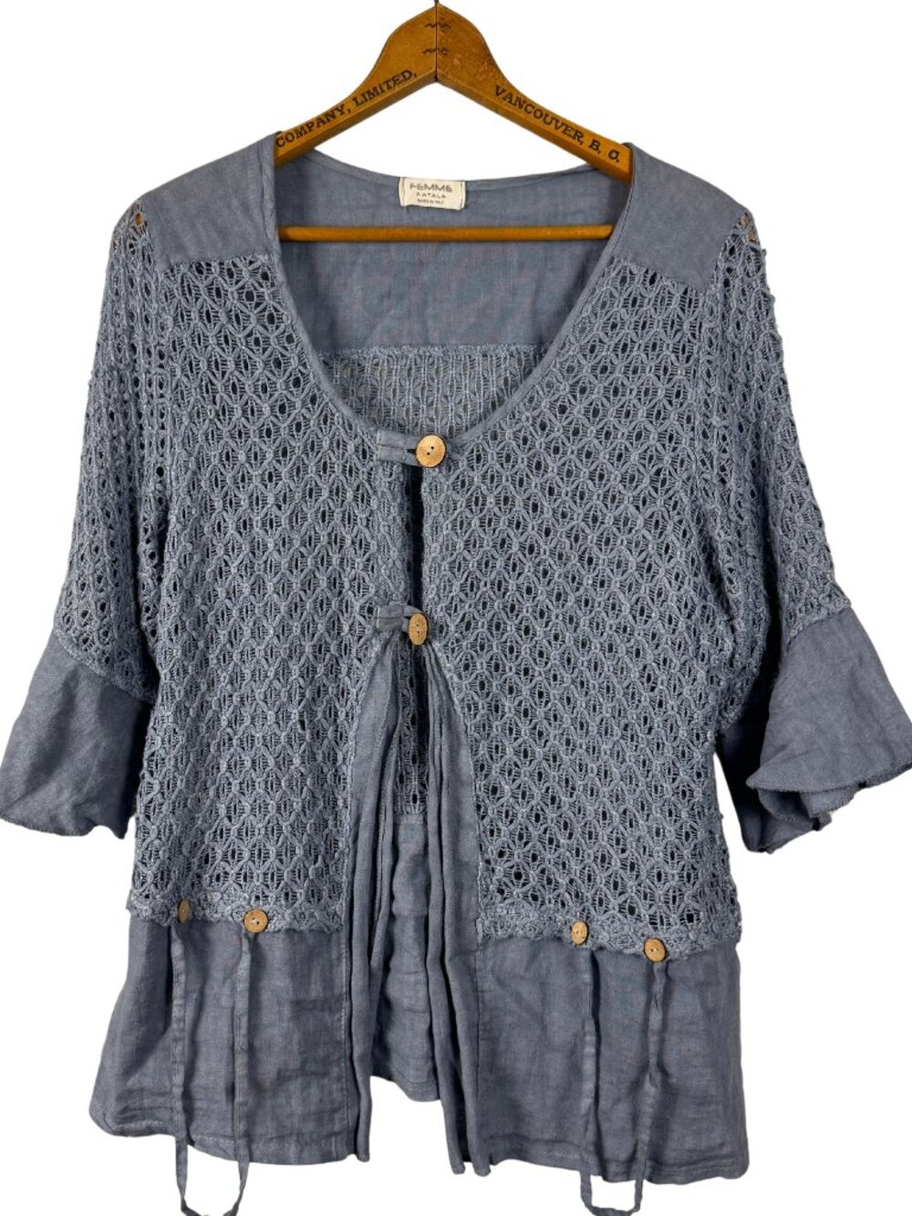 Femme Fatale Italy Linen Crochet Cardigan Top Blue Gray Boho M L, Lagenlook